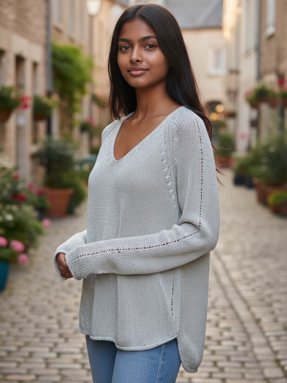 H&M Light Mint Green V-Neck Pullover Hi-Lo Cable Knit Sweater